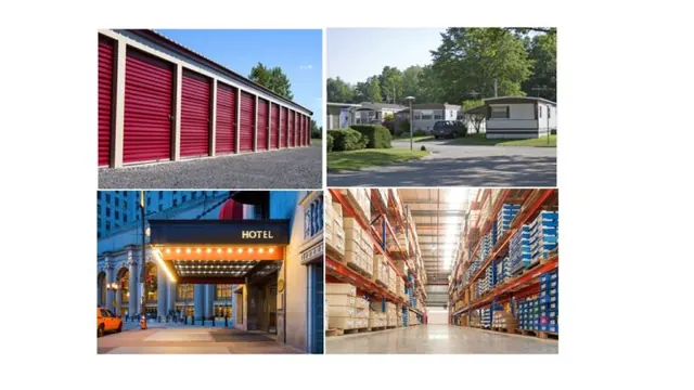 Collage of self-storage units, manufactured homes, a hotel, and a warehouse.