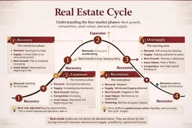 Real estate cycle diagram showing recovery, expansion, oversupply, and recession.
