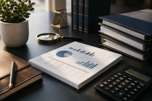 Financial reports, document binders, and a calculator arranged for investment analysis.
