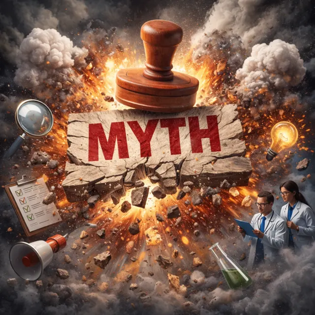 Illustration of a stamp breaking apart the word “Myth,” representing myth-busting.