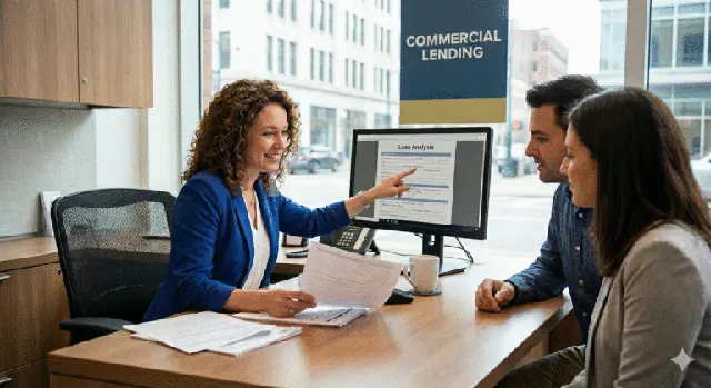 Commercial lender explaining a loan analysis to two clients.