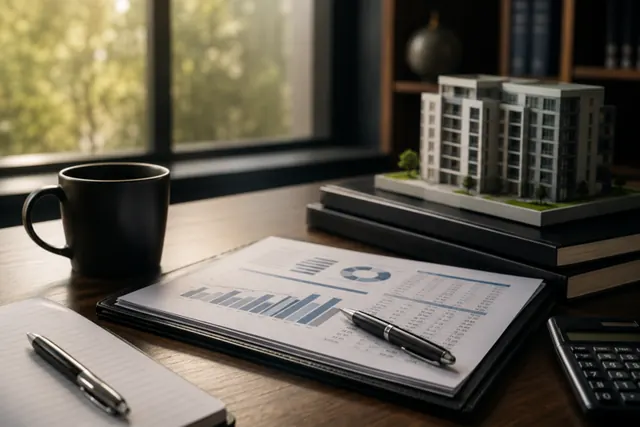 Apartment building model beside financial reports and a calculator for property investment analysis.