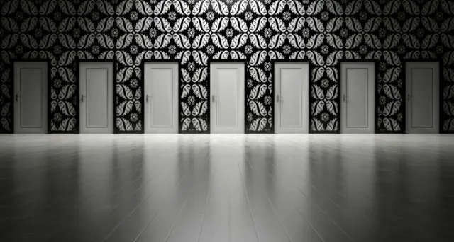 Row of seven closed doors, illustrating multiple choices.